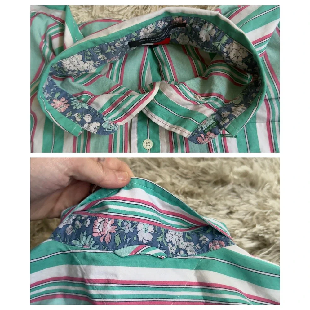 Vintage 90s Tommy Hilfiger Striped Button Down Shirt Mens L Green Pink Crest